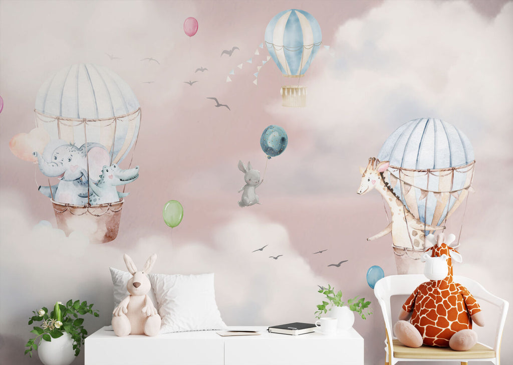 Pink Cloud Balloon Bunny Wallpaper : Dreamy Nursery Mural - View 4