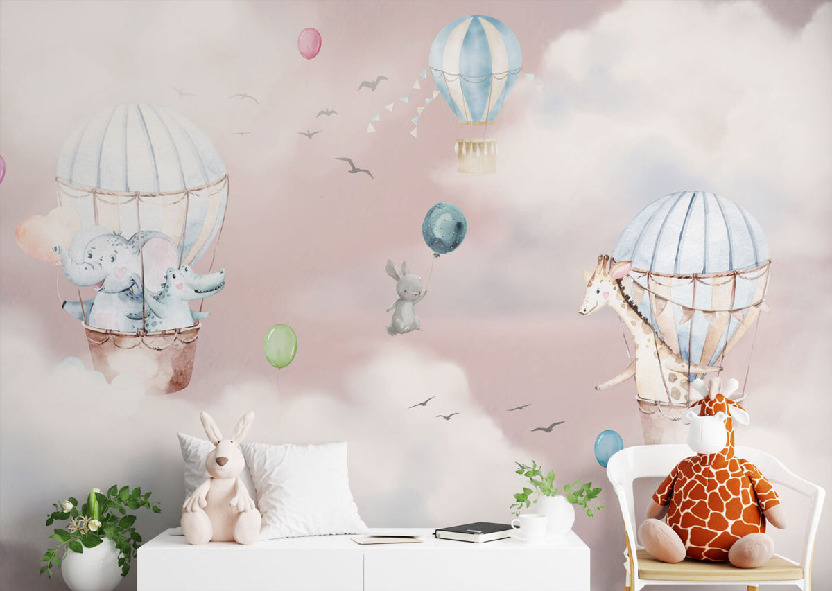 Pink Cloud Balloon Bunny Wallpaper : Dreamy Nursery Mural - View 4