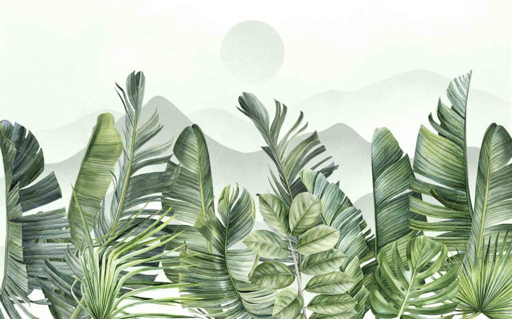 Sage Tropical Leaf Hills Wallpaper : Soft Botanical Mural - View 2