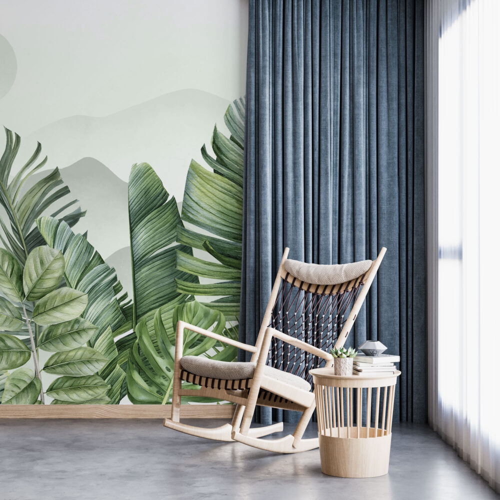 Sage Tropical Leaf Hills Wallpaper : Soft Botanical Mural - View 3