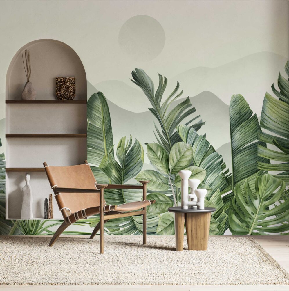 Sage Tropical Leaf Hills Wallpaper : Soft Botanical Mural