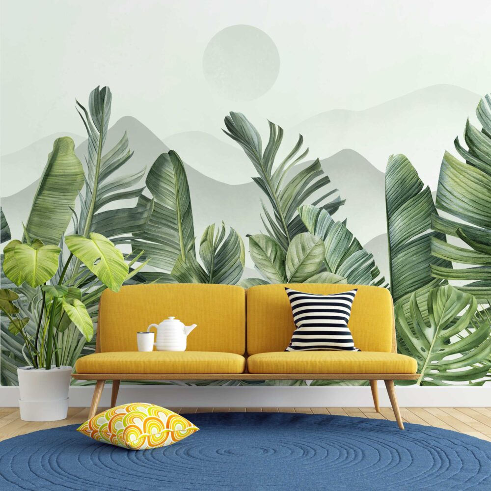 Sage Tropical Leaf Hills Wallpaper : Soft Botanical Mural - View 4