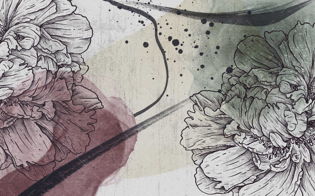 Line Art Carnation Wallpaper : Grey Watercolor Floral Mural - View 2