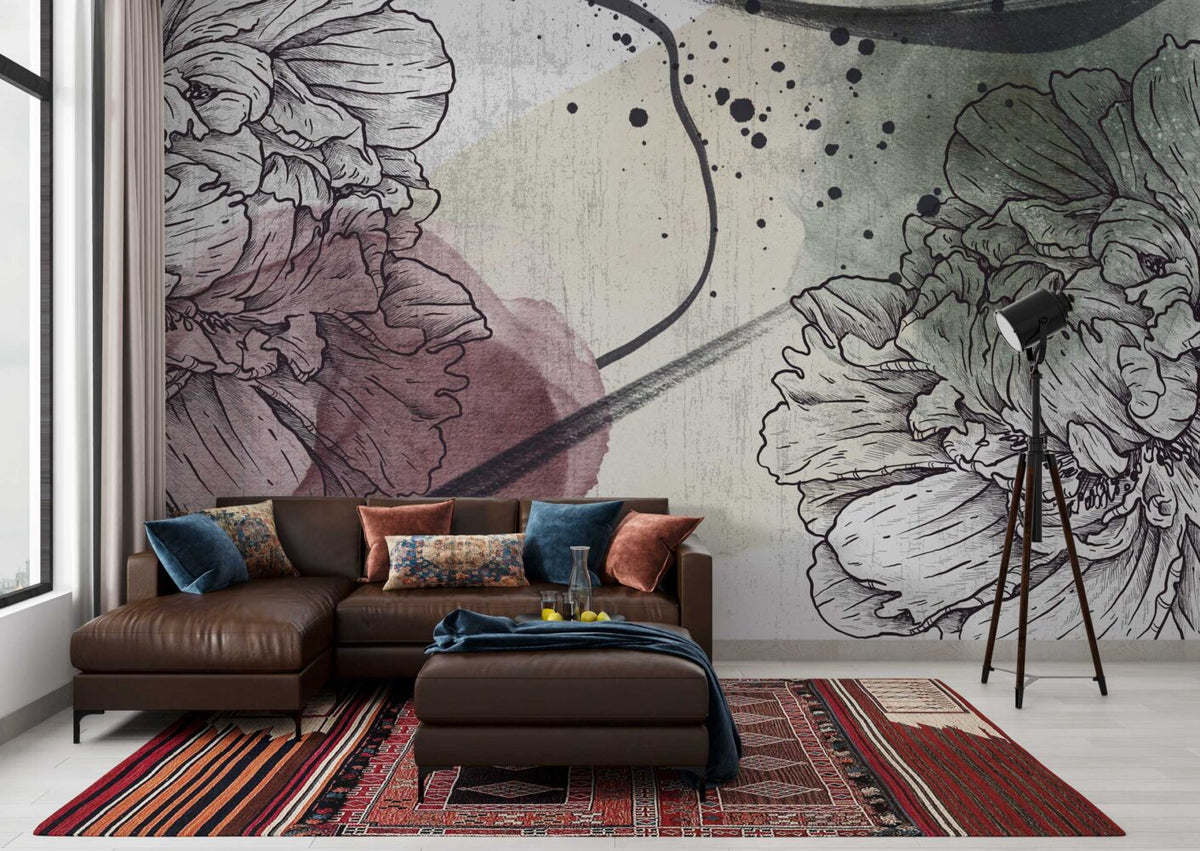 Line Art Carnation Wallpaper : Grey Watercolor Floral Mural - View 3