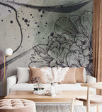 Line Art Carnation Wallpaper : Grey Watercolor Floral Mural - View 4