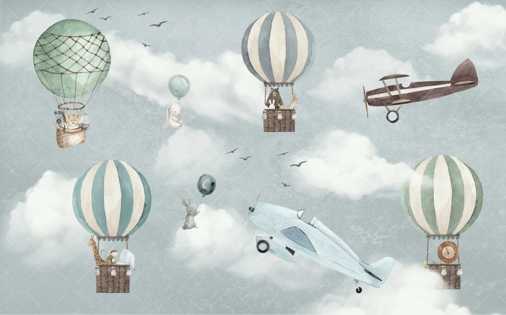 Balloon Animals Sky Wallpaper : Soft Blue Kids Mural - View 2