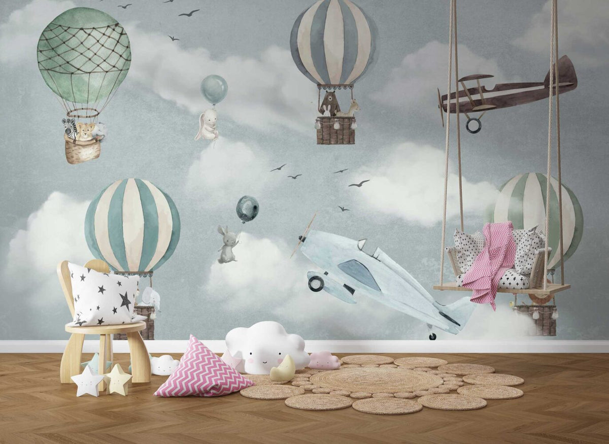 Balloon Animals Sky Wallpaper : Soft Blue Kids Mural - View 3
