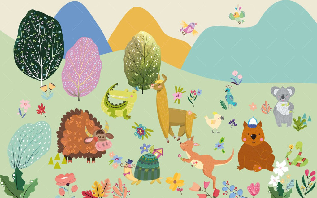 Colorful Woodland Animals Wallpaper : Playful Kids Mural - View 2