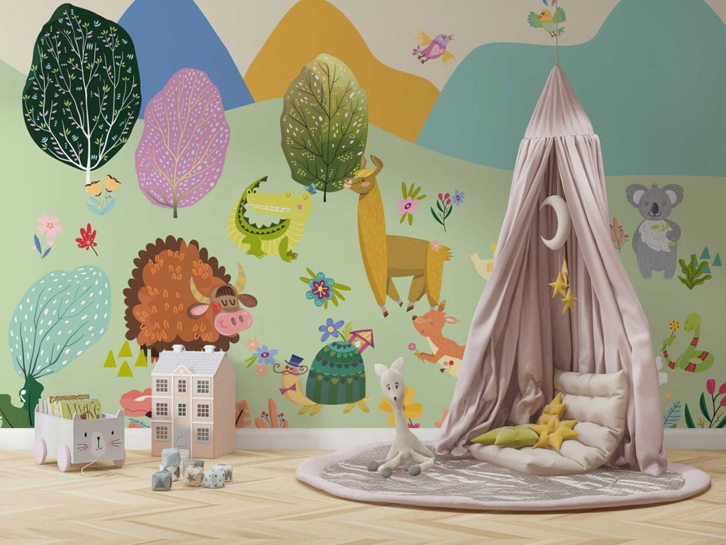 Colorful Woodland Animals Wallpaper : Playful Kids Mural