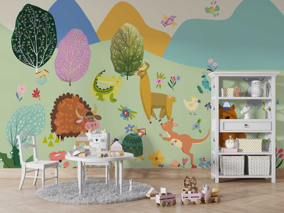 Colorful Woodland Animals Wallpaper : Playful Kids Mural - View 4