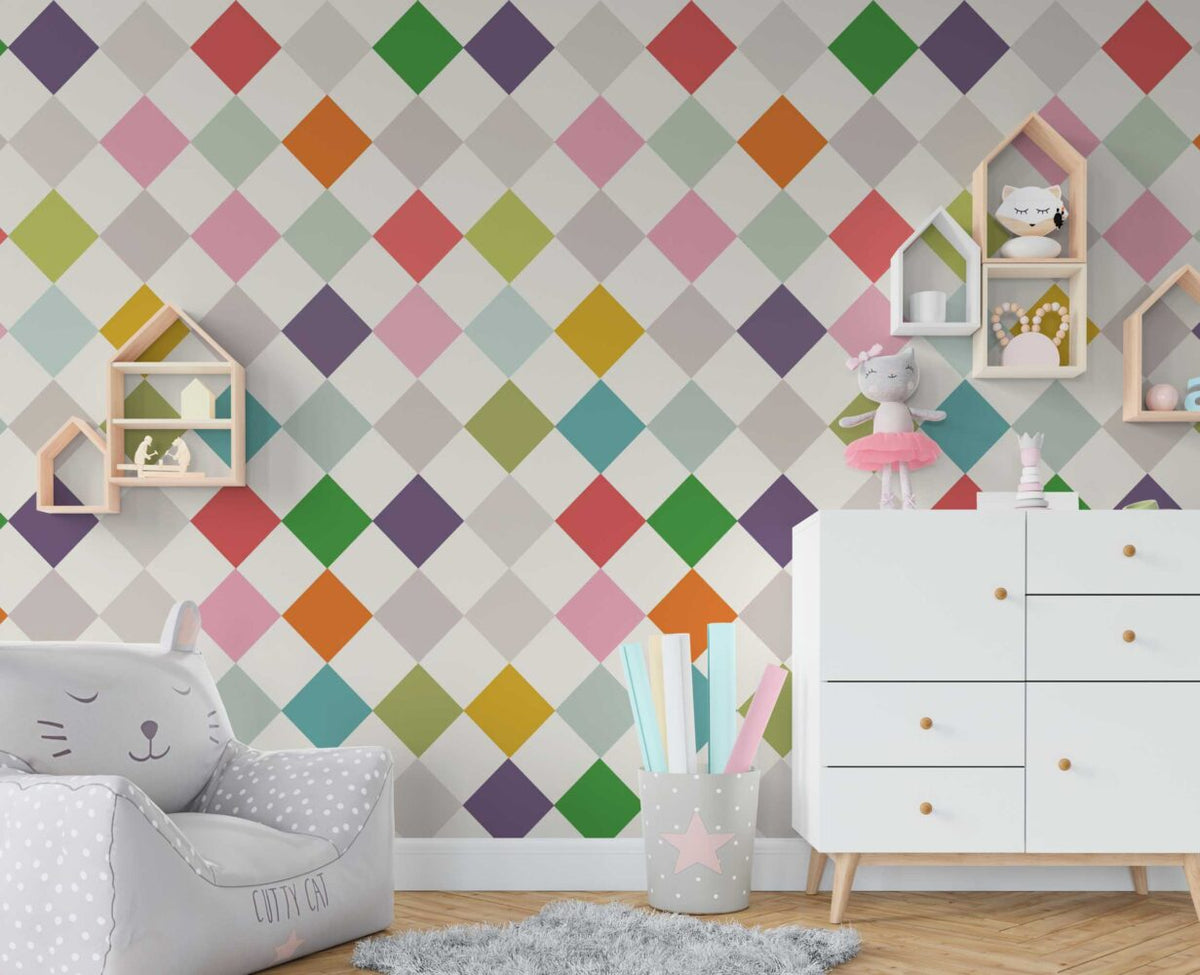 Colorful Harlequin Diamond Wallpaper : Geometric Kids Pattern - View 4