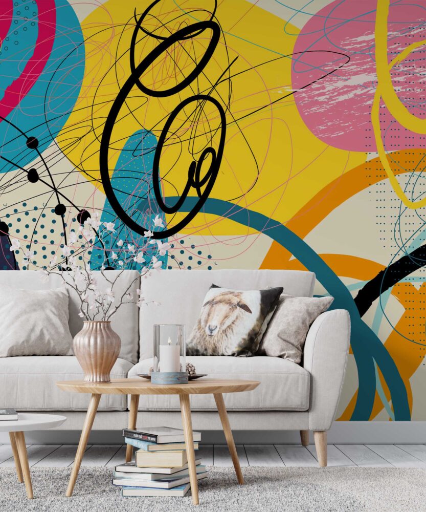 Colorful Pop Abstract Wallpaper : Bold Retro Shapes Mural - View 3
