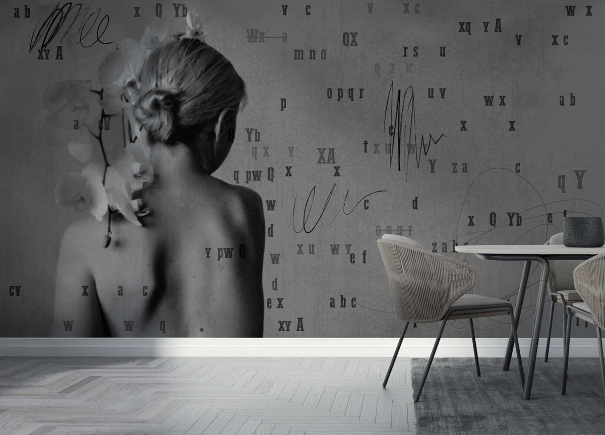 Monochrome Woman Typography Wallpaper : Grey Art Portrait Mural - View 3