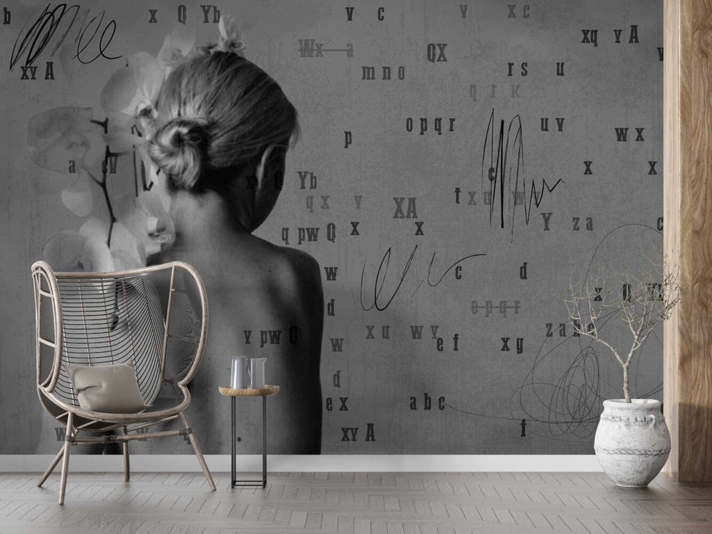 Monochrome Woman Typography Wallpaper : Grey Art Portrait Mural