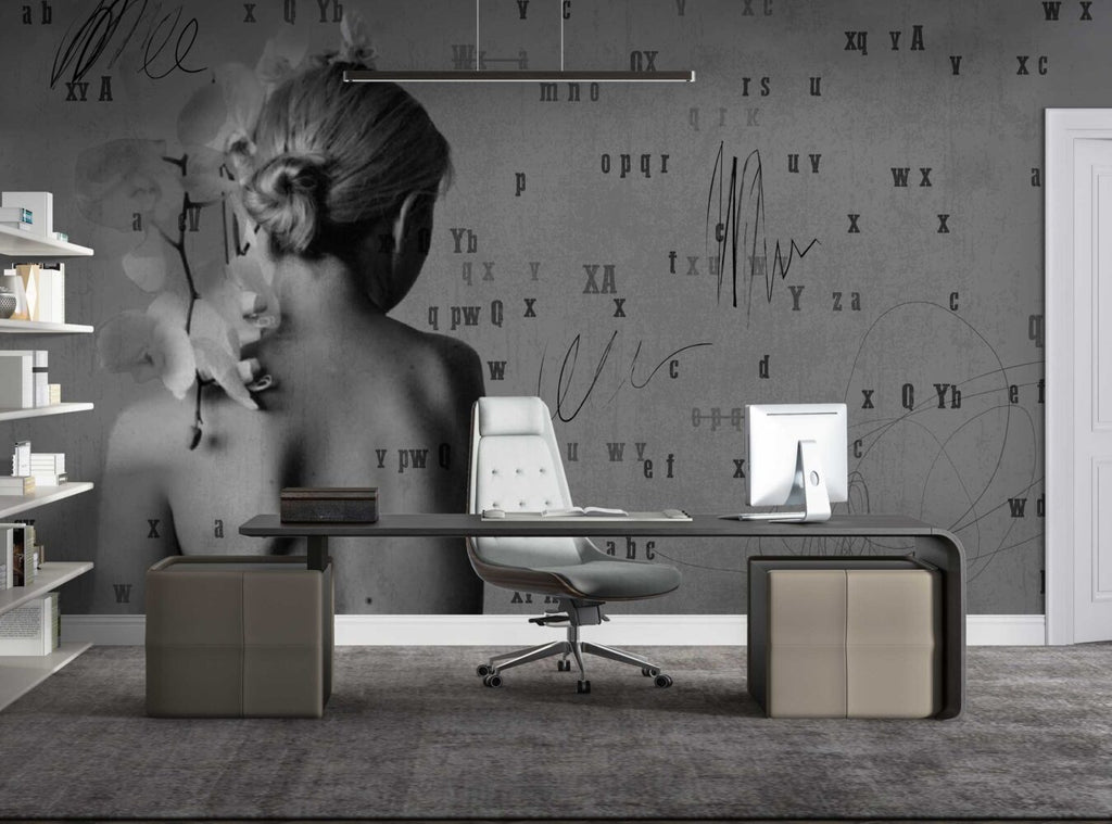 Monochrome Woman Typography Wallpaper : Grey Art Portrait Mural - View 4