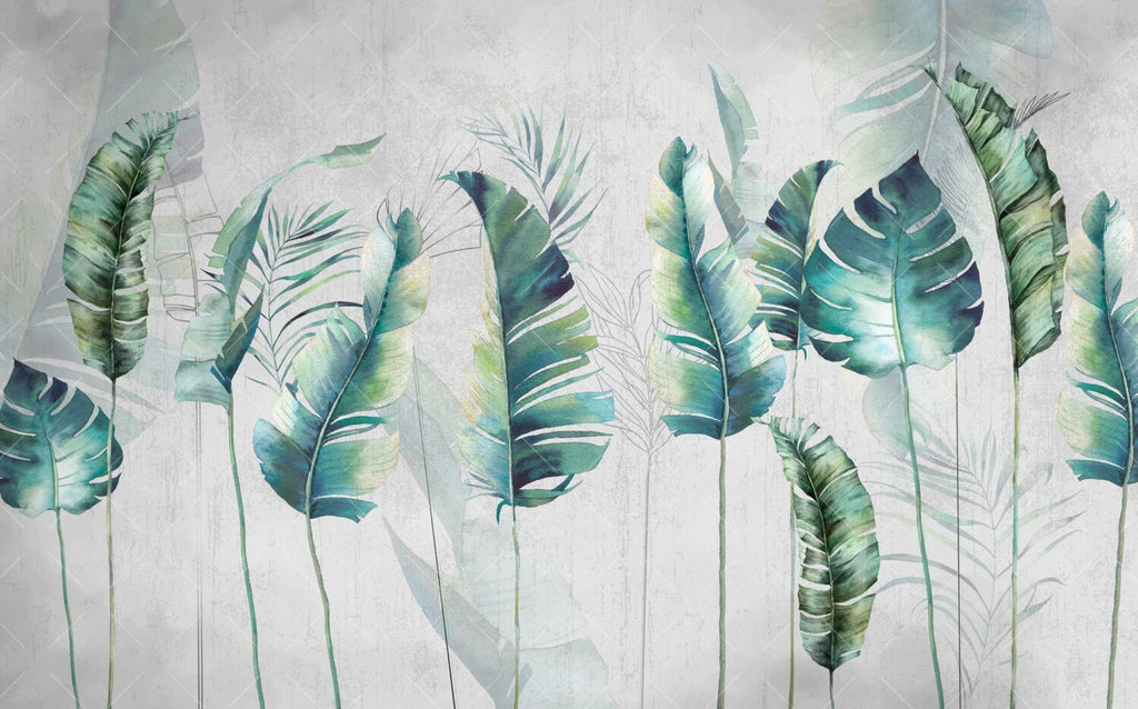 Teal Watercolor Leaf Wallpaper : Vibrant Tropical Mural - View 2