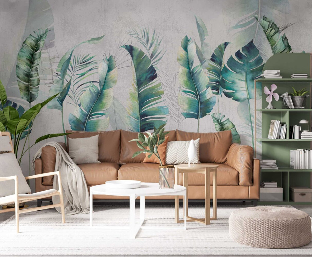 Teal Watercolor Leaf Wallpaper : Vibrant Tropical Mural