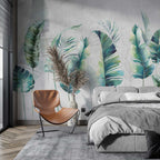 Teal Watercolor Leaf Wallpaper : Vibrant Tropical Mural - View 3