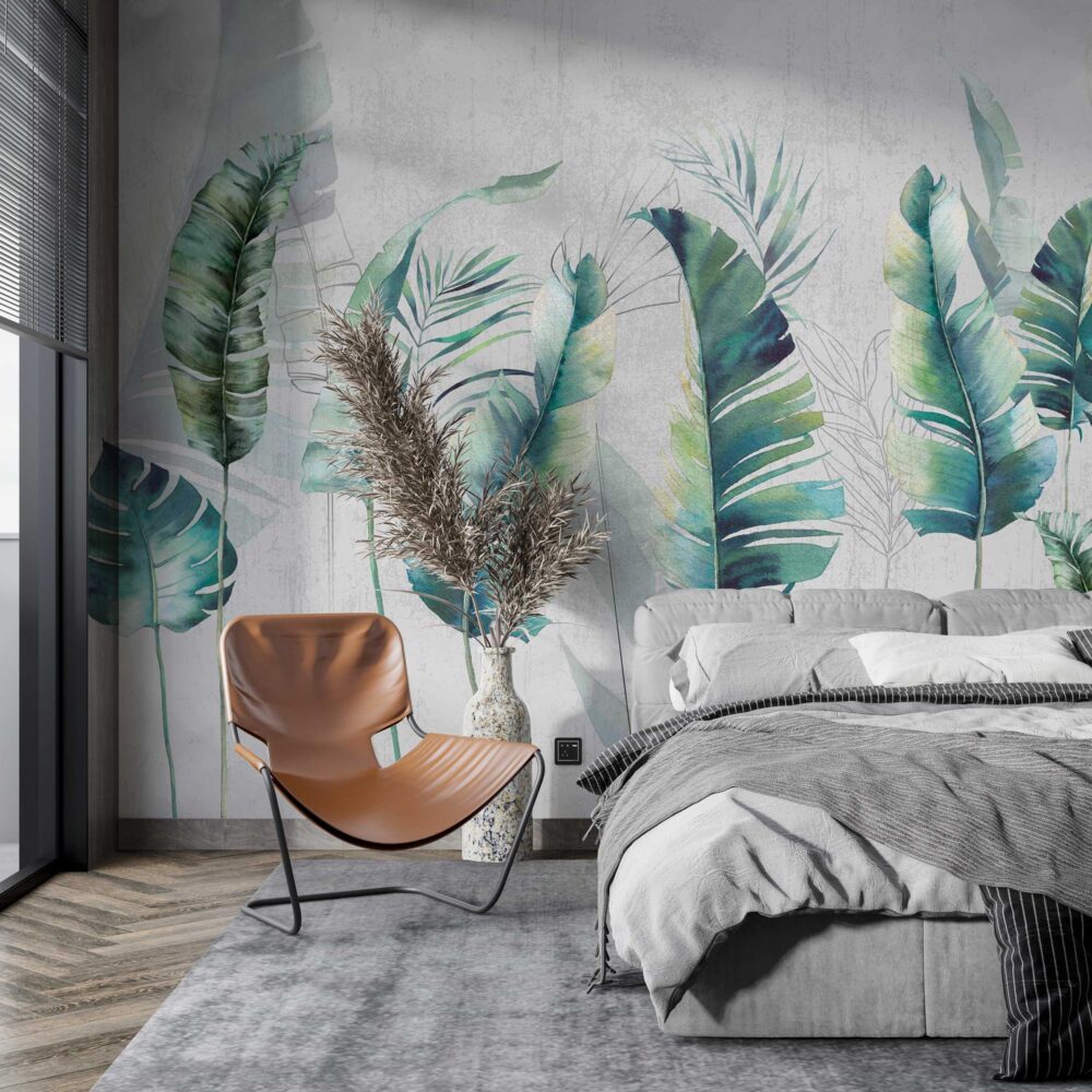 Teal Watercolor Leaf Wallpaper : Vibrant Tropical Mural - View 3