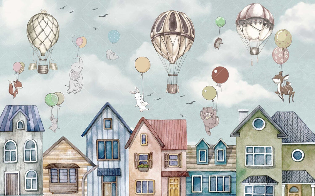 Balloon Bunnies Village Wallpaper : Watercolor Kids Mural - View 2