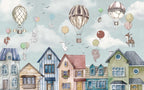 Balloon Bunnies Village Wallpaper : Watercolor Kids Mural - View 2