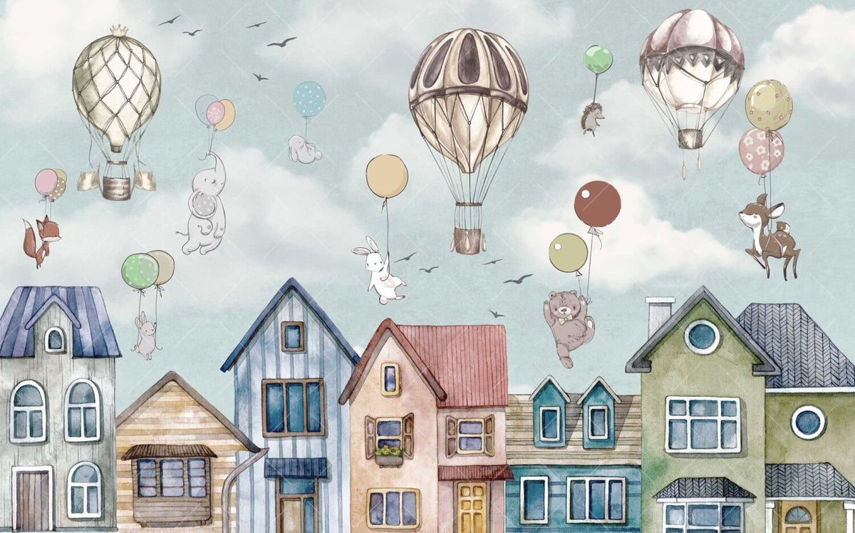 Balloon Bunnies Village Wallpaper : Watercolor Kids Mural - View 2