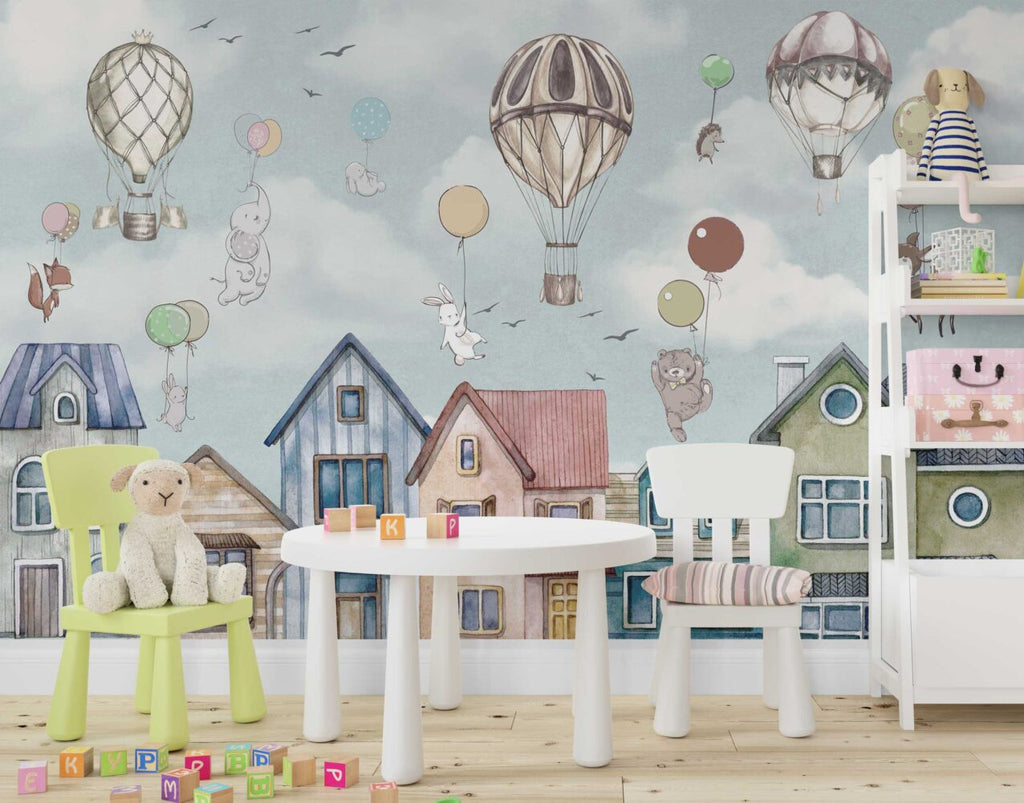 Balloon Bunnies Village Wallpaper : Watercolor Kids Mural