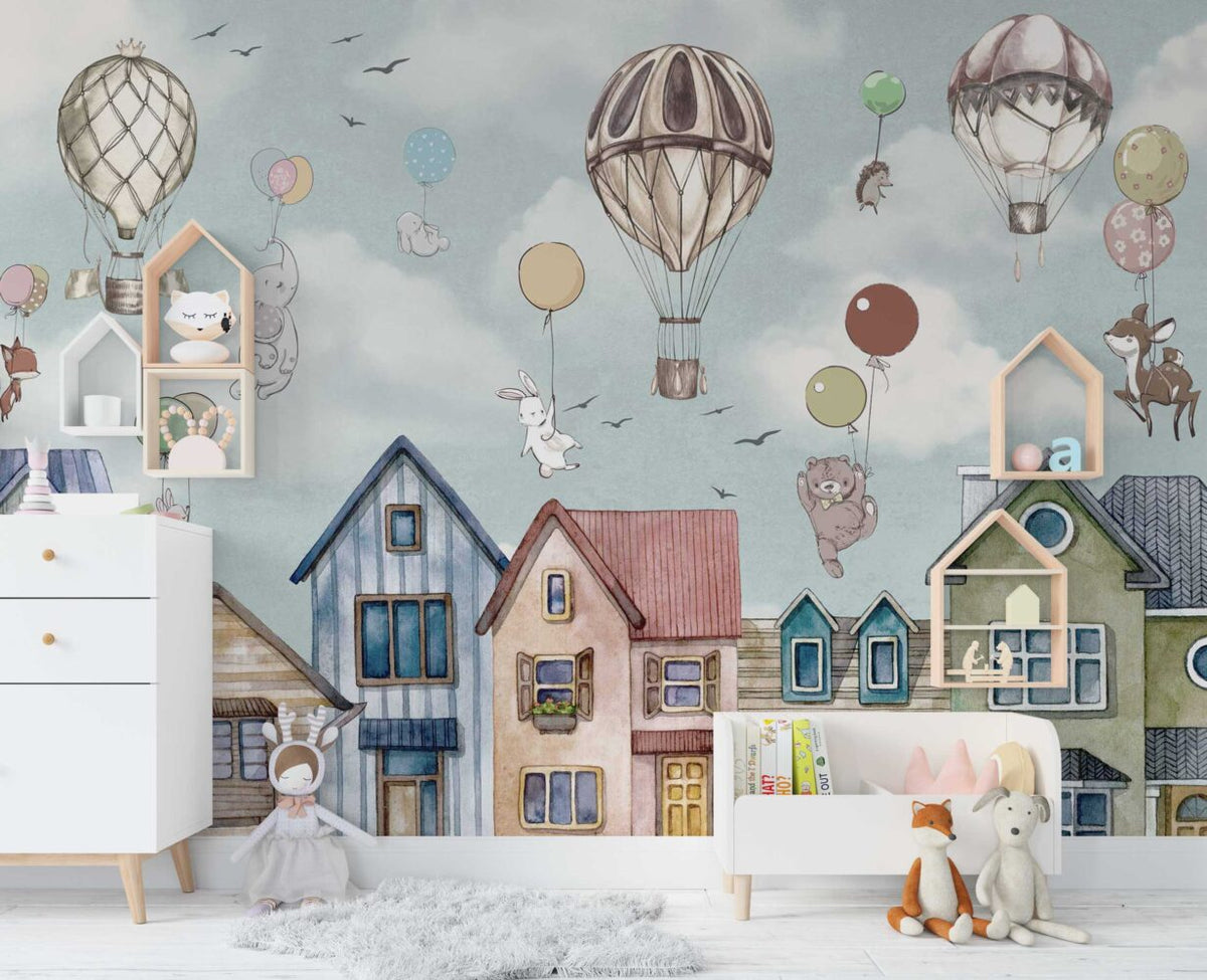 Balloon Bunnies Village Wallpaper : Watercolor Kids Mural - View 3