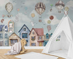 Balloon Bunnies Village Wallpaper : Watercolor Kids Mural - View 4