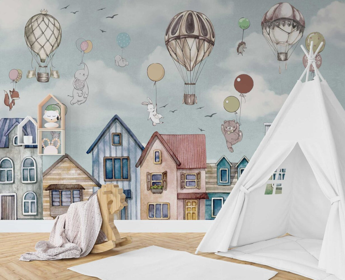 Balloon Bunnies Village Wallpaper : Watercolor Kids Mural - View 4