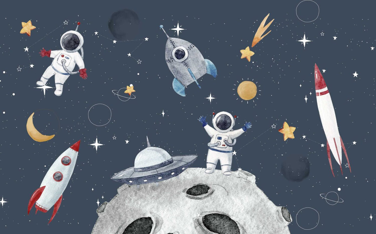 Navy Astronaut Space Wallpaper : Kids Rocket Planet Mural - View 2