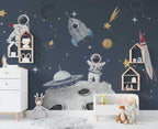Navy Astronaut Space Wallpaper : Kids Rocket Planet Mural - View 3