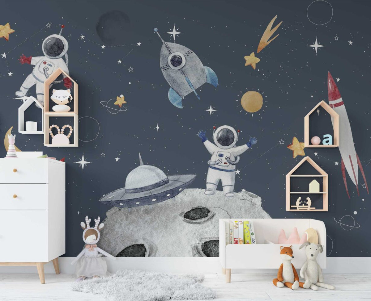 Navy Astronaut Space Wallpaper : Kids Rocket Planet Mural - View 3