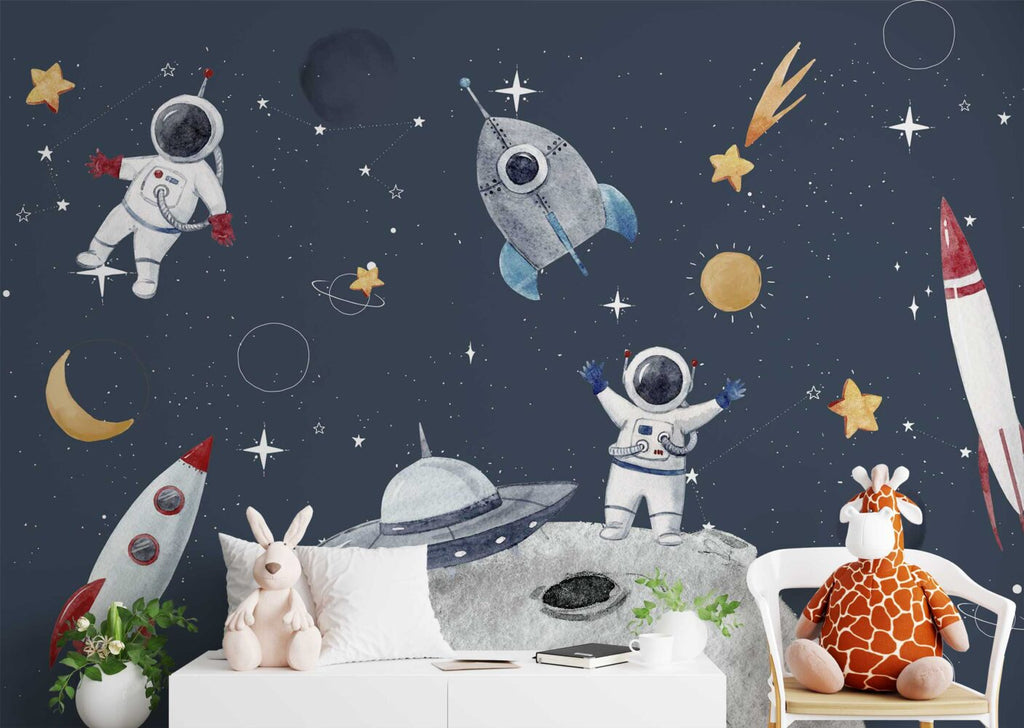 Navy Astronaut Space Wallpaper : Kids Rocket Planet Mural - View 4