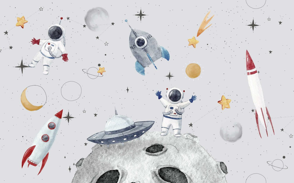Light Grey Astronaut Space Wallpaper : Kids Rocket Mural - View 2