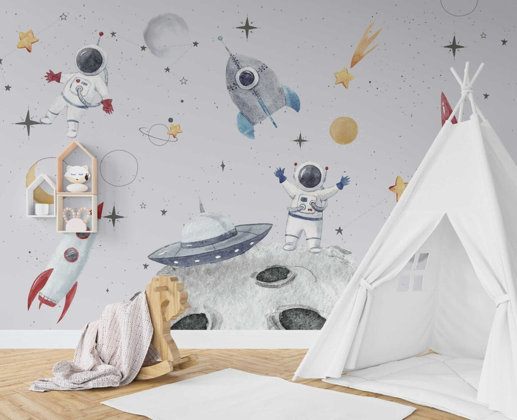 Light Grey Astronaut Space Wallpaper : Kids Rocket Mural - View 3