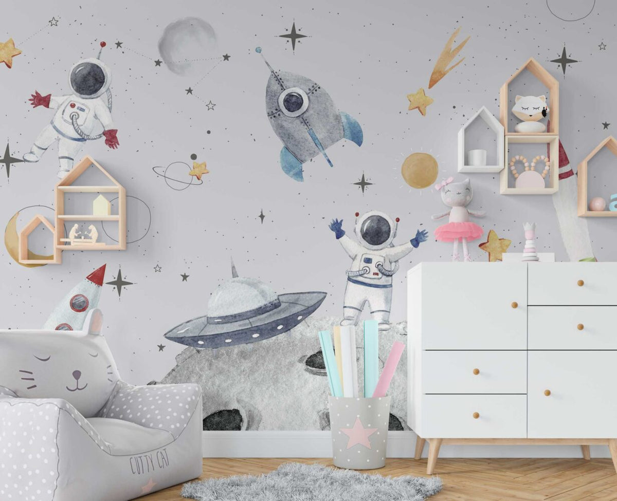 Light Grey Astronaut Space Wallpaper : Kids Rocket Mural - View 4