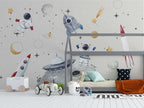 Cream Astronaut Space Wallpaper : Kids Rocket Planet Mural - View 3