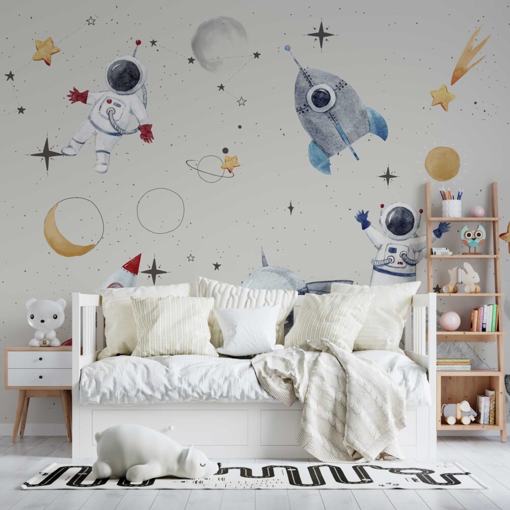 Cream Astronaut Space Wallpaper : Kids Rocket Planet Mural - View 4
