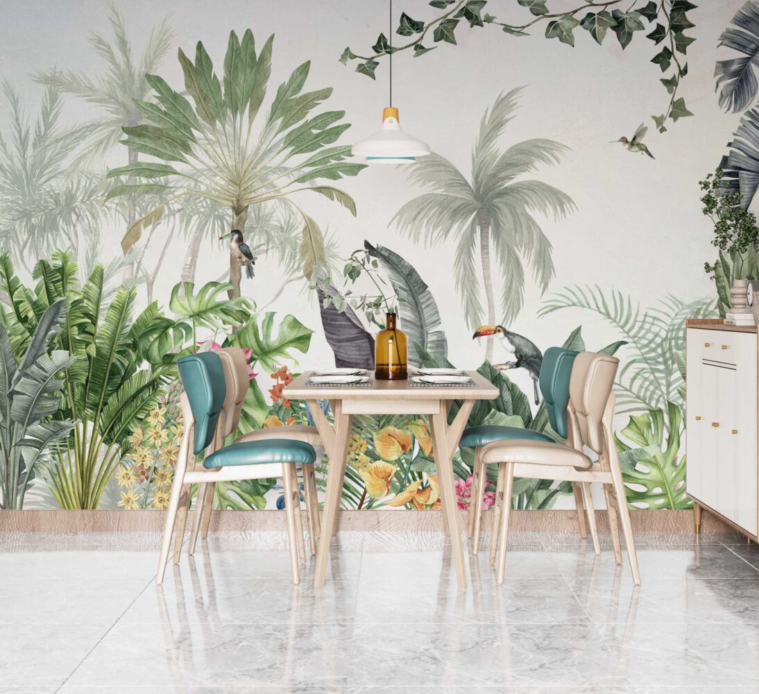 Toucan Tropical Leaf Wallpaper : Soft Jungle Bird Mural
