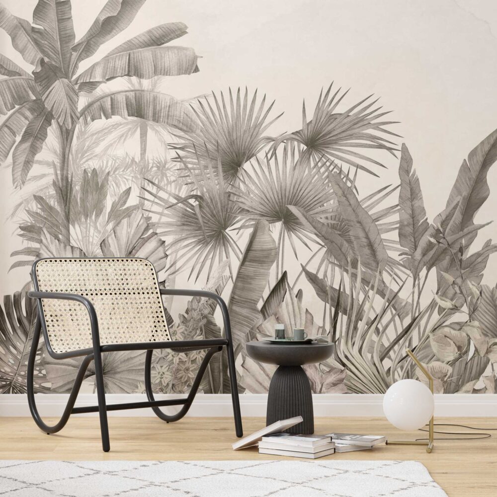 Sepia Tropical Leaf Wallpaper : Vintage Palm Jungle Mural - View 4