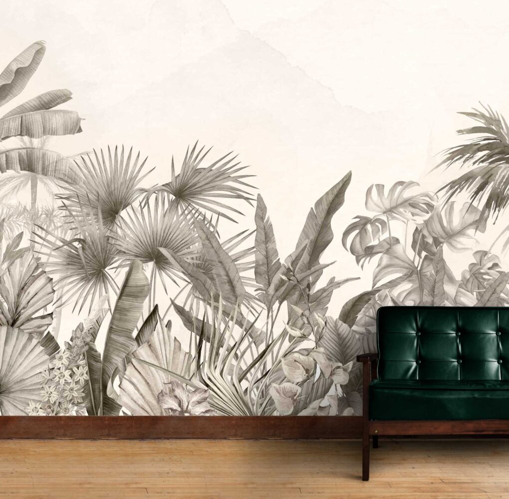 Sepia Tropical Leaf Wallpaper : Vintage Palm Jungle Mural