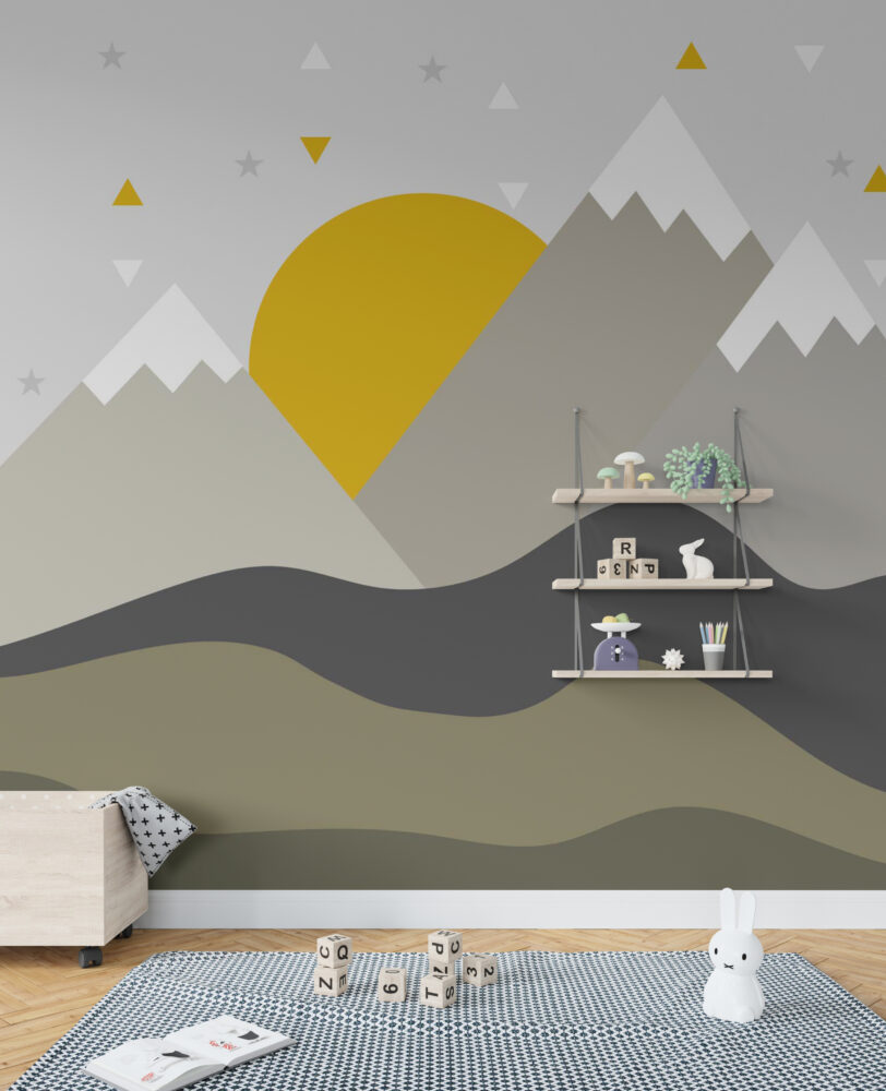 Grey Mountain Sun Wallpaper : Minimal Kids Landscape Mural - View 3