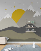 Grey Mountain Sun Wallpaper : Minimal Kids Landscape Mural - View 3