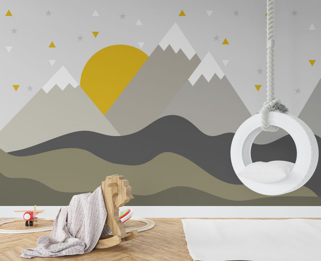 Grey Mountain Sun Wallpaper : Minimal Kids Landscape Mural