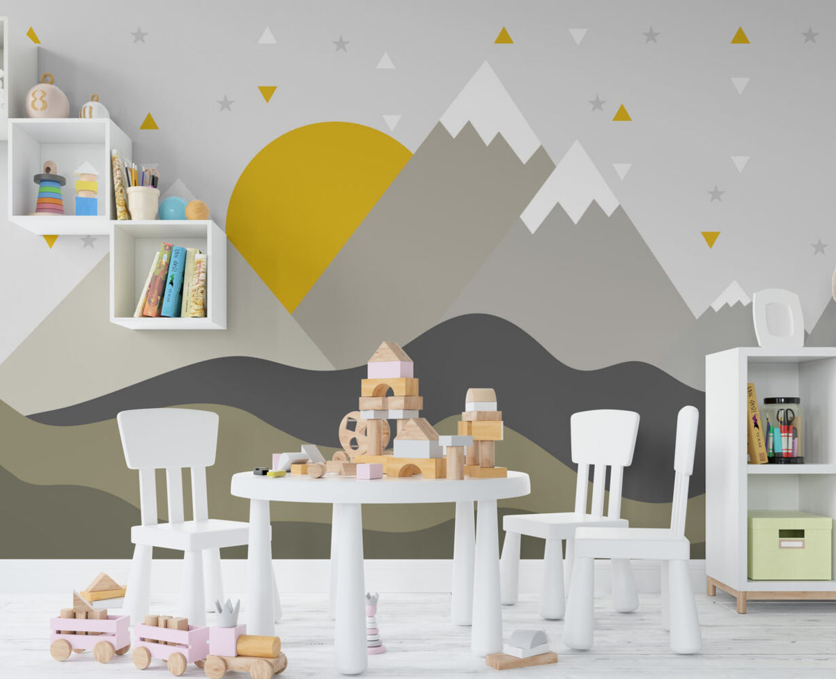 Grey Mountain Sun Wallpaper : Minimal Kids Landscape Mural - View 4