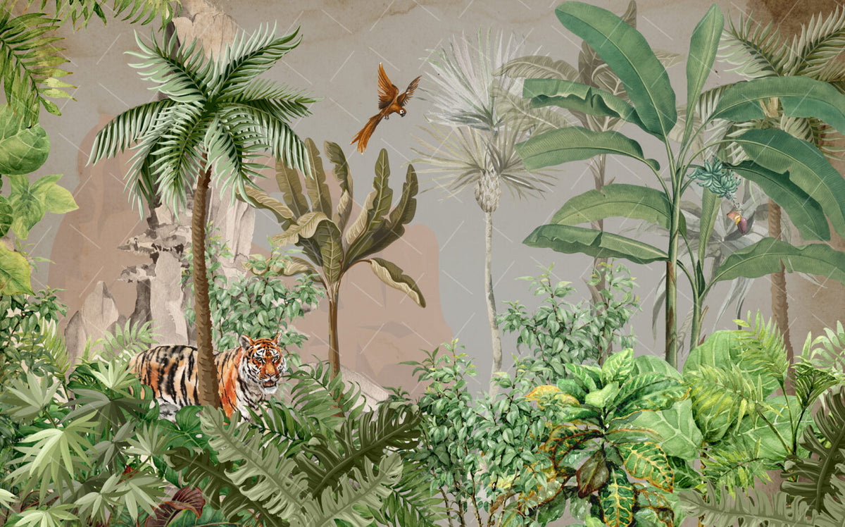 Tiger Jungle Wallpaper : Lush Tropical Forest Mural - View 2
