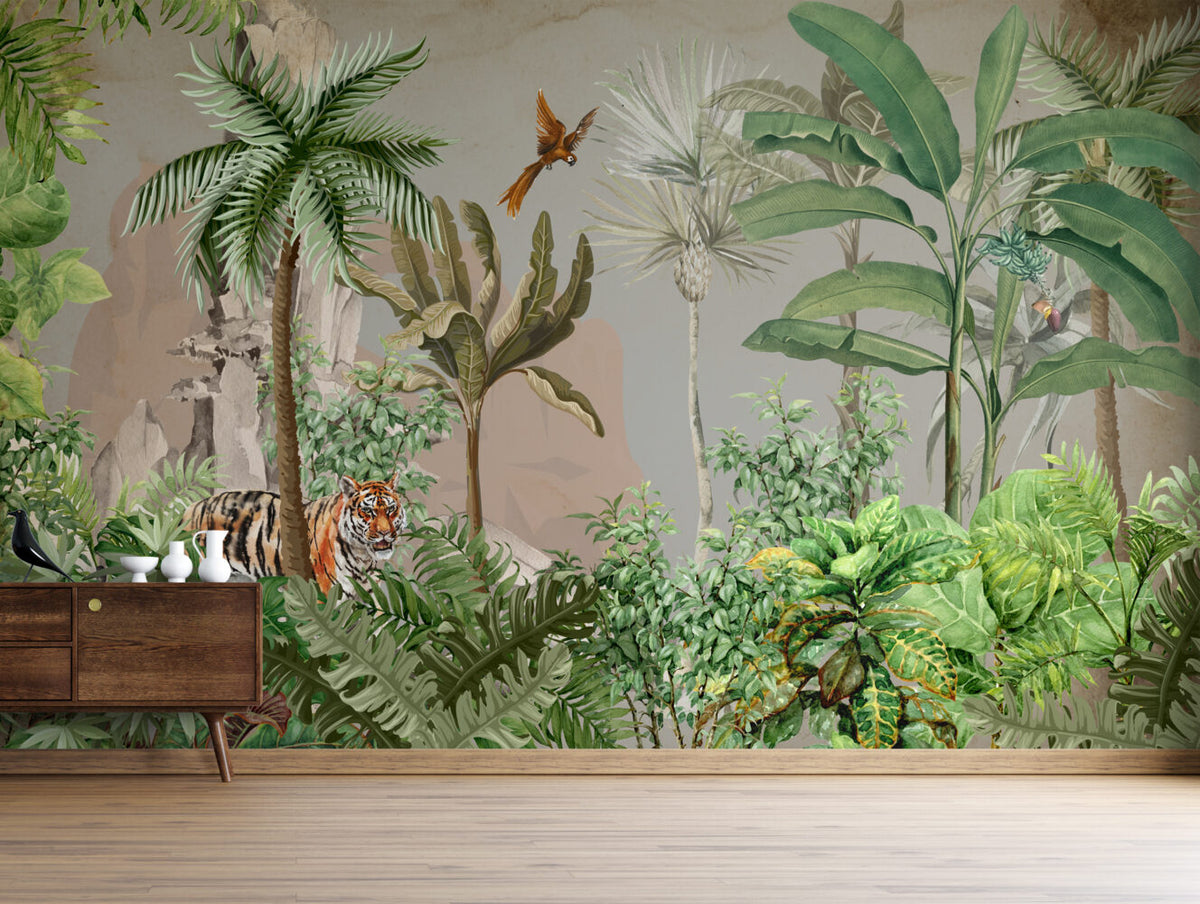 Tiger Jungle Wallpaper : Lush Tropical Forest Mural - View 3