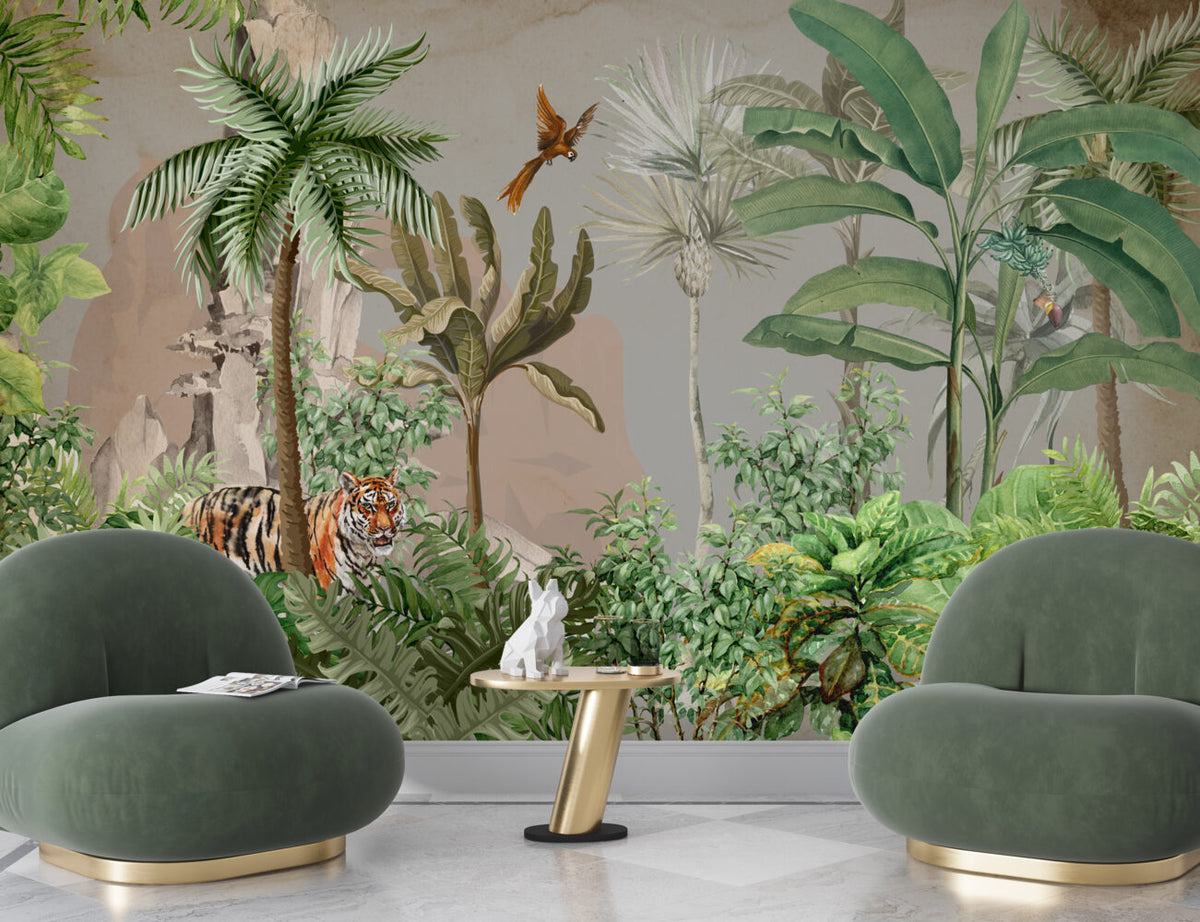 Tiger Jungle Wallpaper : Lush Tropical Forest Mural - View 4