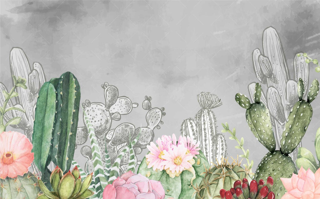 Sketched Cactus Flower Wallpaper : Grey Desert Botanical Mural - View 2